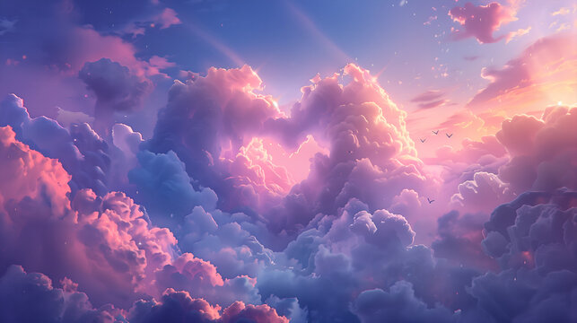 Pink heart shaped clouds at sunset. Beautiful love background with copy space. Clouds in the shape of a heart. Heart shaped clouds. Gate to love. Cloud of love. Valentines background. Fluffy heart