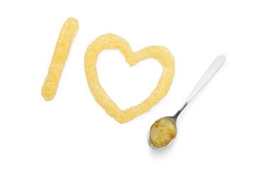 Letter I, heart made of tasty sweet jam and spoon isolated on white, top view