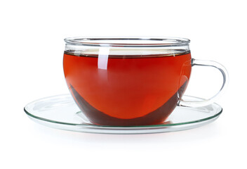Aromatic tea in glass cup isolated on white