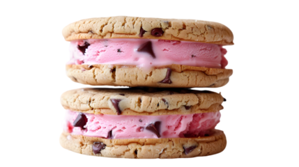  A perfectly symmetrical ice cream sandwich featuring bright pink strawberry ice cream between two chocolate chip cookies,, transparent background