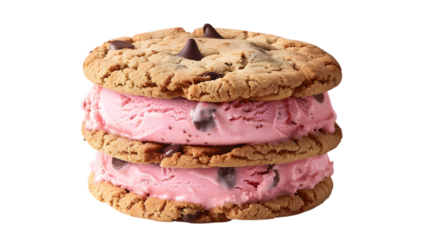 A perfectly symmetrical ice cream sandwich featuring bright pink strawberry ice cream between two chocolate chip cookies,, transparent background