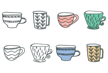 Cup symbol Clip art Set. Doodle icon, hand drawn decorative stroke line, black sketch contour, outline, pastel colored cartoon flat design. Isolated elements. Vector