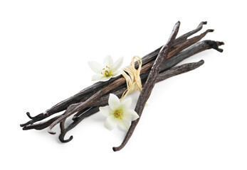 Vanilla pods and flowers isolated on white