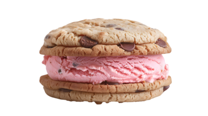  A perfectly symmetrical ice cream sandwich featuring bright pink strawberry ice cream between two chocolate chip cookies,, transparent background