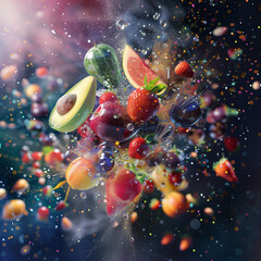 Scattered explosive juicy fruits, 3D fruit abstract, beautiful 3D fractal backgrounds