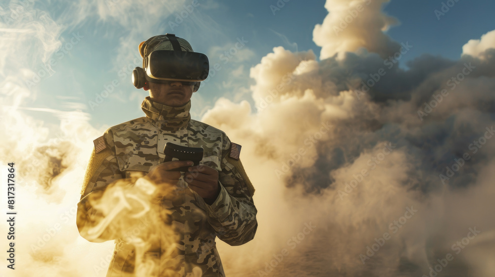 Poster Cyber soldier during war on smoke background, military man in vr glasses controls robot or drone. Concept of technology, army, battle, operator, virtual reality