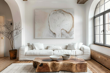 Vintage interior of room in Scandinavian minimalist style, white sofa against wall with painting, wood furniture and floor, rustic style. Concept of home design, window,