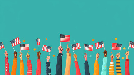 illustration diverse group of people raising their hands holding American flags, casting their votes outside a polling station