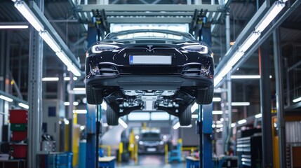 Fototapeta premium Car elevated on a lift in an auto repair shop.
