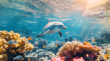 Dolphin swimming underwater of ocean on sunny day, mammals animals, underwater world