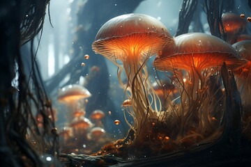 Group of Mushrooms in Dark Forest