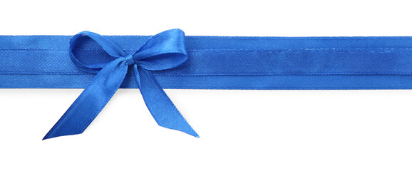Blue satin ribbons with bow isolated on white, top view