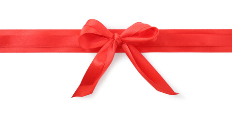 Red satin ribbons with bow isolated on white, top view