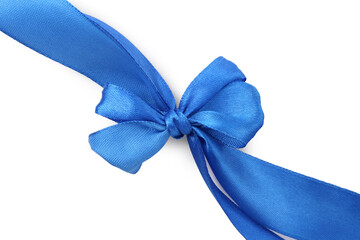 Blue satin ribbons with bow isolated on white, top view