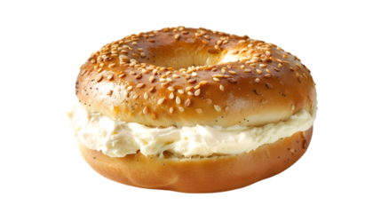  A plain bagel split open and filled with a thick layer of cream cheese, transparent background