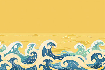 Blue waves with white crests against a yellow background, presenting a striking and artistic ocean scene