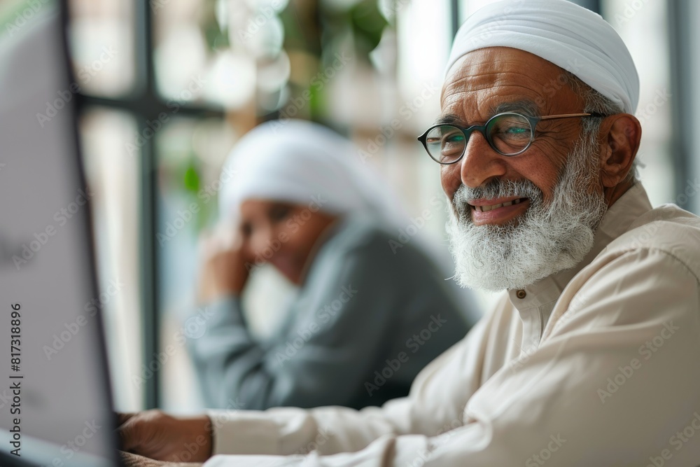 Aufkleber An older man with a beard is seen using a computer, suggesting learning or work
