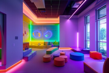 A vibrant and colorful playroom for children equipped with cushy seats and LED lighting
