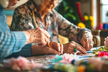 Elderly ladies concentrate on crafting with colorful materials and a focus on details
