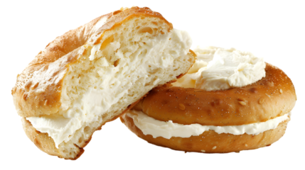  A plain bagel split open and filled with a thick layer of cream cheese, transparent background