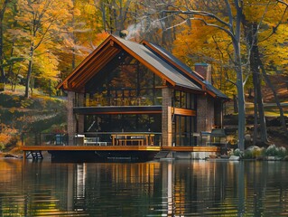 Obraz premium A small cabin on the water in the fall.