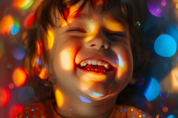 A child is surrounded by vivid bokeh lights, face blurred, creating a festive atmosphere