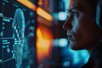 This image shows a futuristic data analytics dashboard with graphs and charts