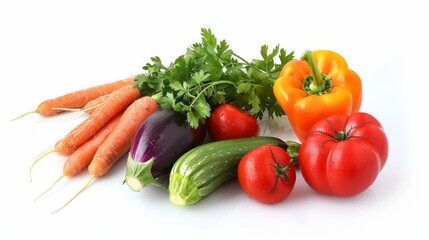 Assorted fresh vegetables on a white background.

