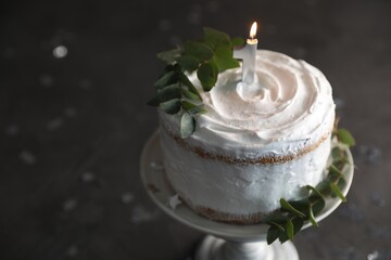 Tasty Birthday cake with burning candle and eucalyptus branches on grey table, closeup. Space for text
