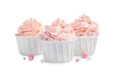 Tasty cupcakes with cream and sprinkles isolated on white