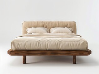 A bed with a wooden frame and white bedding.