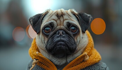 A pug dog wearing a hoodie on a street.