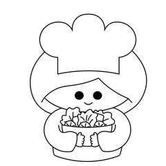 Cute cartoon girl with salad in black and white