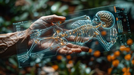 He is holding a virtual hologram of a human skeleton, examining a human organ with an X-ray scan, as part of a simulation of medical technology of the future.
