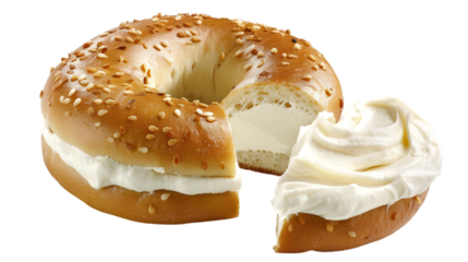  A plain bagel split open and filled with a thick layer of cream cheese, transparent background