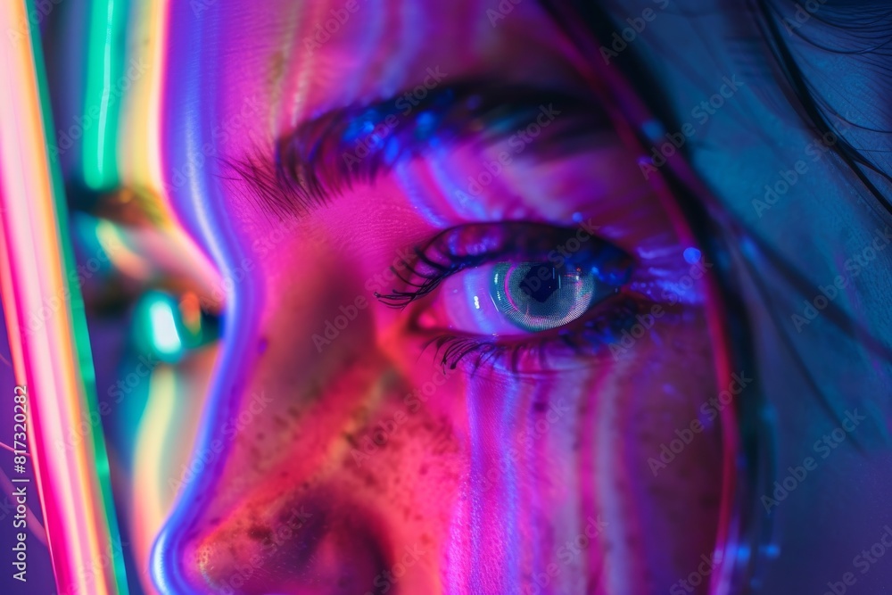 Aufkleber an abstract close-up with vibrant neon reflections creating a dramatic and artistic visual effect