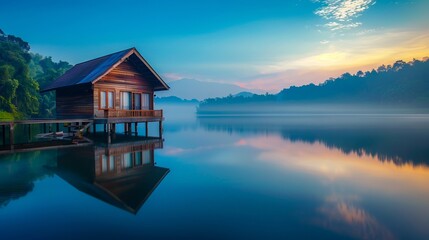 Obraz premium A small wooden house sits on the shore of a lake.