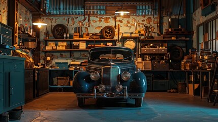 A retro car in a garage being repaired on a summer evening.

