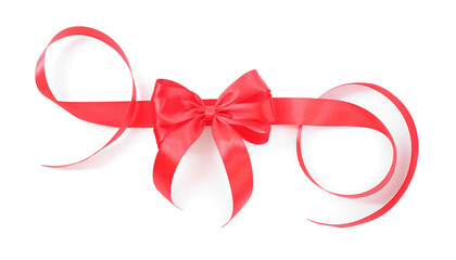 Red satin ribbon with bow isolated on white, top view
