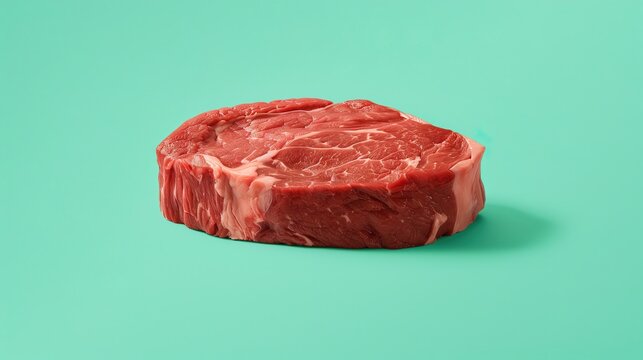 a slab of steak against a green pastel background