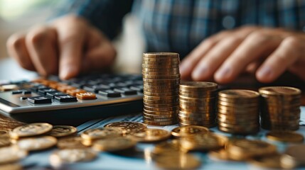 In this illustration, businessman is working with tablet and calculator to calculate with coin stack. He is saving money for owning a house. The concept of saving money for finance accounting can be