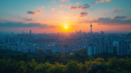 Obraz premium Featured are summer views of Seoul downtown, Seoul Tower, and Lotte Tower, all in Seoul, South Korea