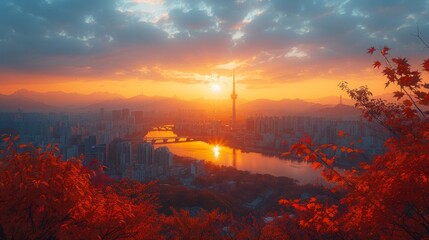 Fototapeta premium In Seoul, South Korea, autumn and Seoul Tower and Lott Tower in the background