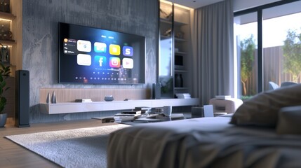 A smart screen displaying a smart home interface in a modern living room.

