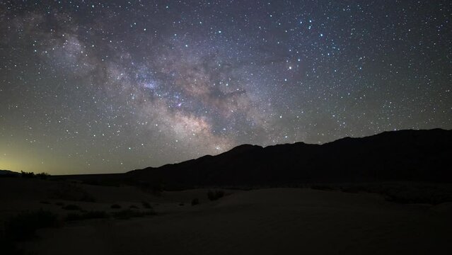 Timelapse of Milky Way galaxy over Mesquite Flat Sand Dunes at Badwater Basin in Death Valley National Park in California, USA