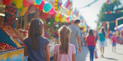 Two children from the back looking at vibrant fair stalls with balloons and festive decorations