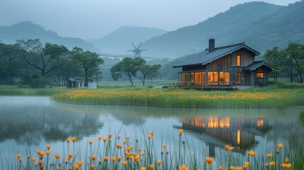 Obraz premium At Sorae Marsh Ecological Park in Incheon, South Korea, there are grass flowers, traditional windmills, and houses.