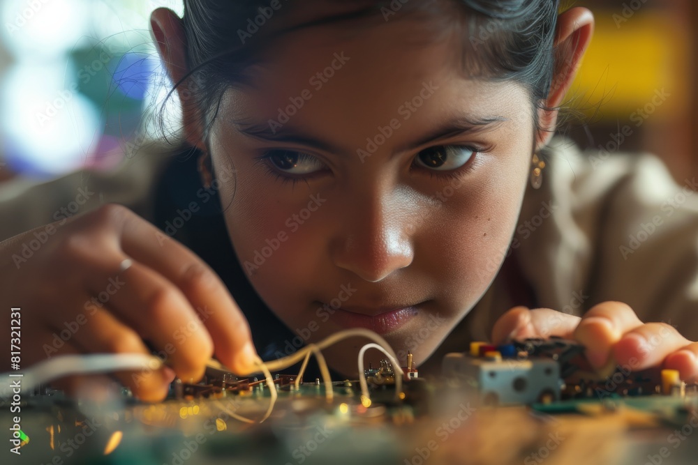 Aufkleber a focused individual is soldering components onto a circuit board with tools around