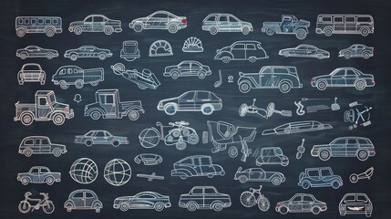 Chalkboard-style line art doodles of various automobile objects and symbols.

