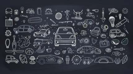 Chalkboard-style line art doodles of various automobile objects and symbols.

